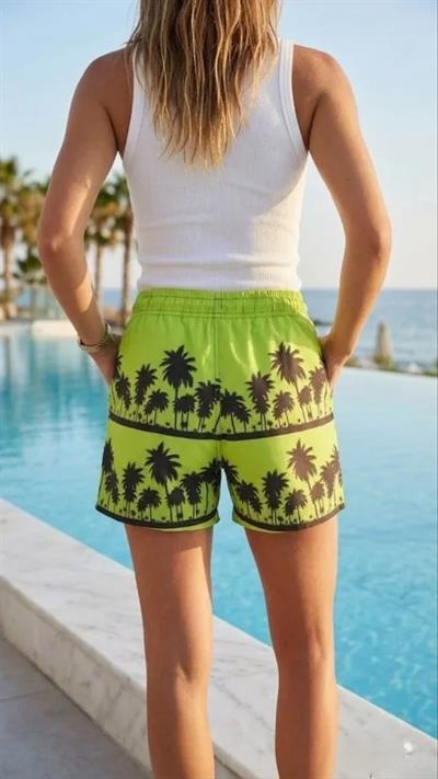 Deniz Şortu Fermuarlı Cepli File Astarlı Hızlı Kuruyan Premium - Neon Yeşili