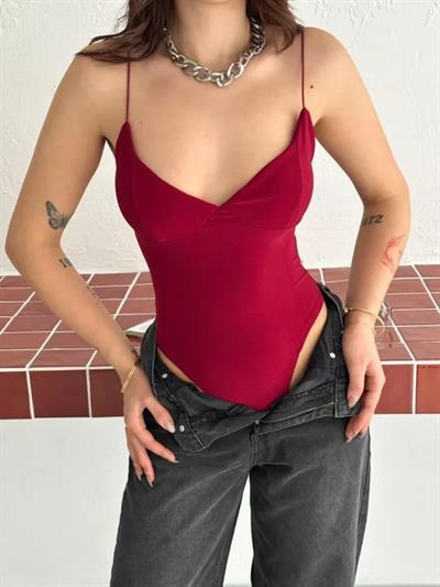 Derin Dekolte Askılı Body Sırt Dekolteli Şık Kolsuz Yazlık Bodysuit - Kırmızı