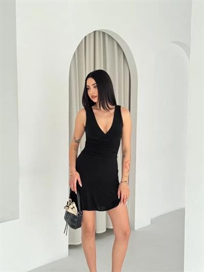 Derin V Yaka Sırt Dekolteli Mini Elbise Drapeli Şık Kolsuz - Siyah