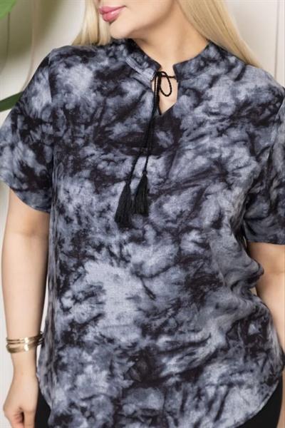 Desenli Püsküllü Viskon Bluz Bebe Yaka Kısa Kollu Big Size Rahat Kesim - Desenli