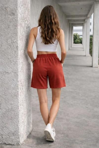 Dokuma Otoban Şort Beli Lastikli Bağcıklı, Cepli, Rahat Kesim Günlük Yazlık Şort - Turuncu