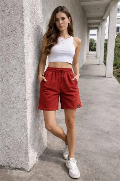 Dokuma Otoban Şort Beli Lastikli Bağcıklı, Cepli, Rahat Kesim Günlük Yazlık Şort - Turuncu