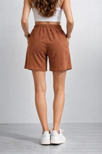 Dokuma Otoban Şort Beli Lastikli Bağcıklı, Cepli, Rahat Kesim Günlük Yazlık Şort - Kahverengi