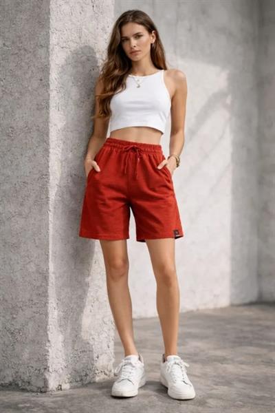 Dokuma Otoban Şort Beli Lastikli Bağcıklı, Cepli, Rahat Kesim Günlük Yazlık Şort - Turuncu