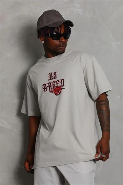 ERKEK Oversize Baskılı Bisiklet Yaka T-Shirt - Gri