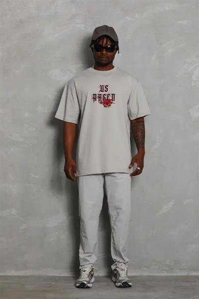 ERKEK Oversize Baskılı Bisiklet Yaka T-Shirt - Gri