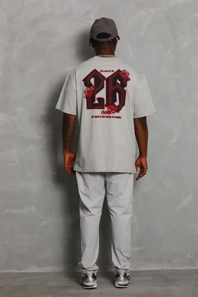 ERKEK Oversize Baskılı Bisiklet Yaka T-Shirt - Gri