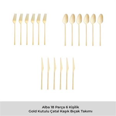 Emsan Alba 18 Parça Parlak Gold Yemek Kutulu Çatal Kaşık Bıçak Takımı