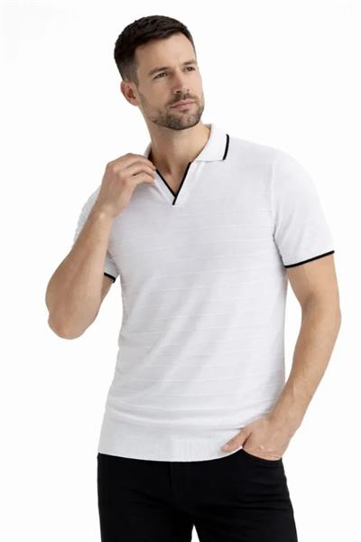 Erkek 2’li Paket Triko Yakalı Düğmesiz Açık Yaka Fitilli Kısa Kollu Regular Fit Tişört - Beyaz - Siyah