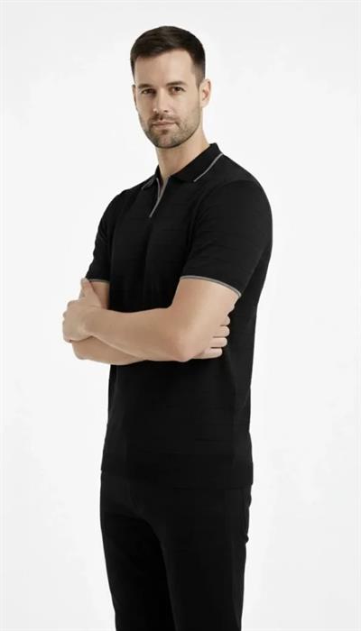 Erkek 2’li Paket Triko Yakalı Düğmesiz Açık Yaka Fitilli Kısa Kollu Regular Fit Tişört - Beyaz - Siyah