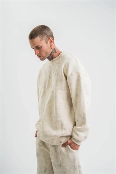 Erkek 3 İplik Pamuklu Yağ Yıkamalı Sweatshirt Double Oversize Bisiklet Yaka Uzun Kol - Krem