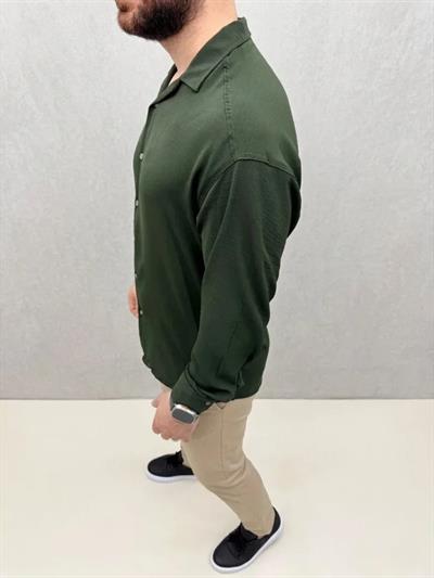 Erkek Aerobin Kumaş Oversize 4 Mevsim Uzun Kollu Rahat Kalıp Gömlek - Haki