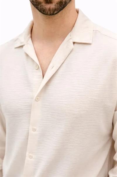 Erkek Aerobin Kumaş Oversize 4 Mevsim Uzun Kollu Rahat Kalıp Gömlek - Bej