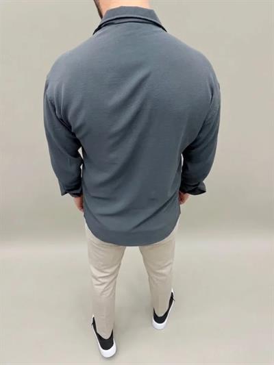 Erkek Aerobin Kumaş Oversize 4 Mevsim Uzun Kollu Rahat Kalıp Gömlek - Füme