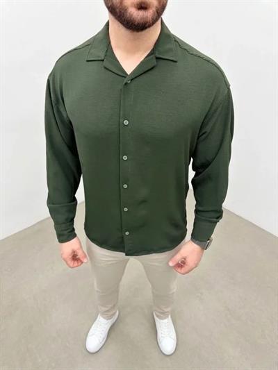 Erkek Aerobin Kumaş Oversize 4 Mevsim Uzun Kollu Rahat Kalıp Gömlek - Haki