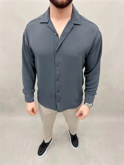 Erkek Aerobin Kumaş Oversize 4 Mevsim Uzun Kollu Rahat Kalıp Gömlek - Füme