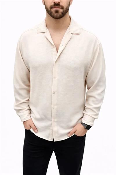 Erkek Aerobin Kumaş Oversize 4 Mevsim Uzun Kollu Rahat Kalıp Gömlek - Bej