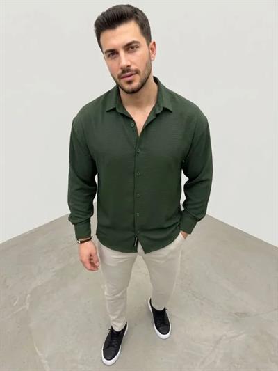 Erkek Aerobin Kumaş Oversize 4 Mevsim Uzun Kollu Rahat Kalıp Gömlek - Haki