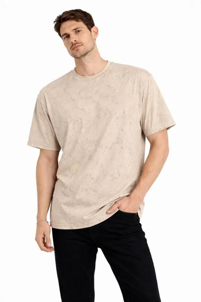 Erkek Asit Yıkama Bisiklet Yaka Kısa Kollu Oversize T-Shirt Tişört - Bej
