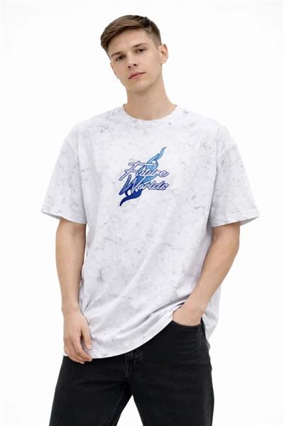 Erkek Asit Yıkamalı Oversize Tişört Future Worlds Baskılı Bisiklet Yaka Kısa Kollu Streetwear %100 Pamuk Street Style T-Shirt - Beyaz