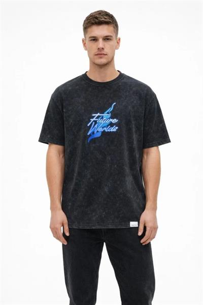 Erkek Asit Yıkamalı Oversize Tişört Future Worlds Baskılı Bisiklet Yaka Kısa Kollu Streetwear %100 Pamuk Street Style T-Shirt - Siyah