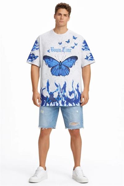 Erkek Asit Yıkamalı Oversize Tişört Mavi Kelebek Baskılı Dijital Print Bisiklet Yaka Streetwear T-Shirt - Beyaz