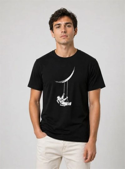 Erkek Astronot Ay Temalı Tişört Kısa Kol Yazlık Bisiklet Yaka T-Shirt - Siyah