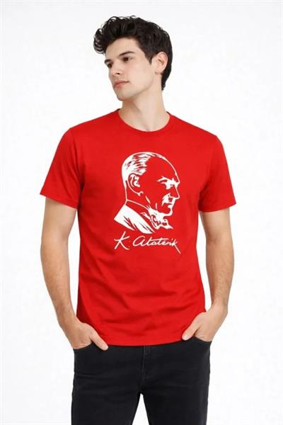 Erkek Atatürk Baskılı Tişört Kısa Kollu Bisiklet Yaka T-Shirt - Kırmızı