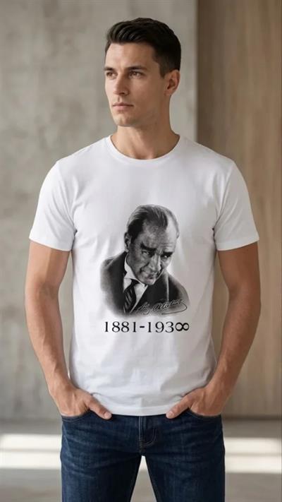 Erkek Atatürk Baskılı Tişört Kısa Kollu Bisiklet Yaka  T-Shirt - Beyaz
