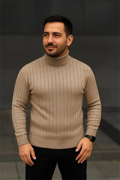 Erkek Balıkcı Yaka Bağazlı Triko Kazak Pamuklu Kalın Fitilli Dokuma, Regular Fit Uzun Kollu Kışlık Model - Bej