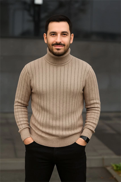 Erkek Balıkcı Yaka Bağazlı Triko Kazak Pamuklu Kalın Fitilli Dokuma, Regular Fit Uzun Kollu Kışlık Model - Bej