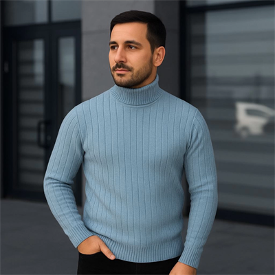 Erkek Balıkcı Yaka Bağazlı Triko Kazak Pamuklu Kalın Fitilli Dokuma, Regular Fit Uzun Kollu Kışlık Model - Bebe Mavisi
