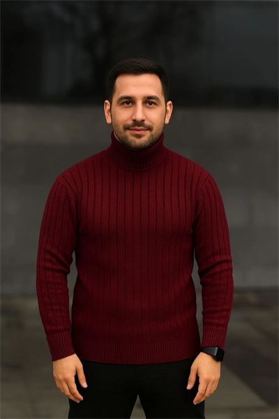 Erkek Balıkcı Yaka Bağazlı Triko Kazak Pamuklu Kalın Fitilli Dokuma, Regular Fit Uzun Kollu Kışlık Model - Bordo