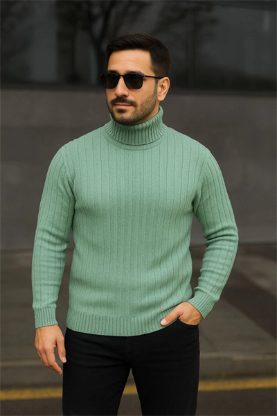 Erkek Balıkcı Yaka Bağazlı Triko Kazak Pamuklu Kalın Fitilli Dokuma, Regular Fit Uzun Kollu Kışlık Model - Mint Yeşili