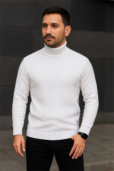 Erkek Balıkcı Yaka Bağazlı Triko Kazak Pamuklu Kalın Fitilli Dokuma, Regular Fit Uzun Kollu Kışlık Model - Beyaz