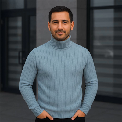 Erkek Balıkcı Yaka Bağazlı Triko Kazak Pamuklu Kalın Fitilli Dokuma, Regular Fit Uzun Kollu Kışlık Model - Bebe Mavisi