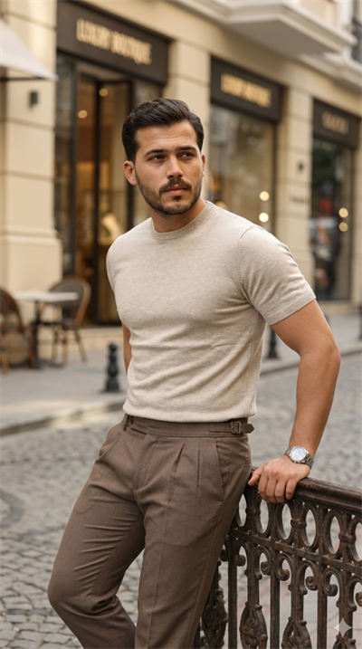 Erkek Basic Bisiklet Yaka Kısa Kollu Triko Tişört - %100 Pamuk Akrilik