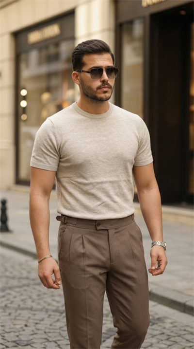 Erkek Basic Bisiklet Yaka Kısa Kollu Triko Tişört - %100 Pamuk Akrilik