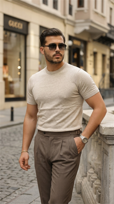 Erkek Basic Bisiklet Yaka Kısa Kollu Triko Tişört - %100 Pamuk Akrilik