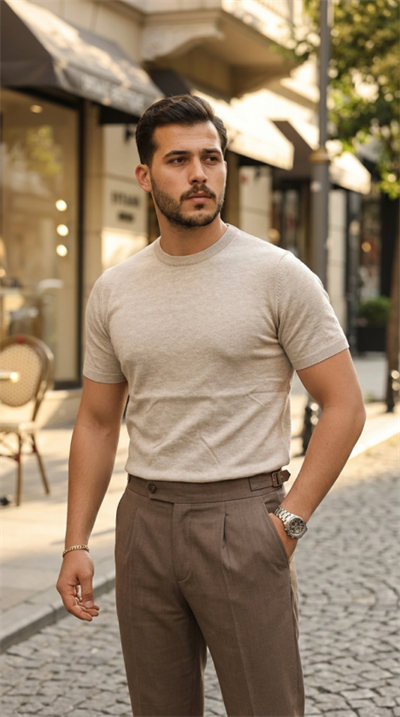 Erkek Basic Bisiklet Yaka Kısa Kollu Triko Tişört - %100 Pamuk Akrilik