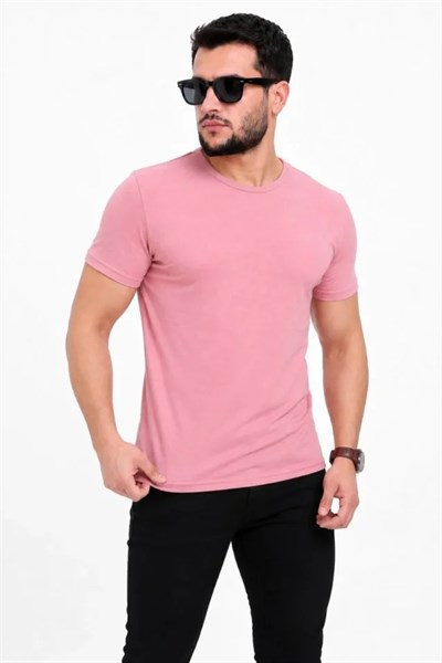 Erkek Basic Tişört Bisiklet Yaka Kısa Kol Günlük Yazlık Slim Fit T-Shirt - Pembe
