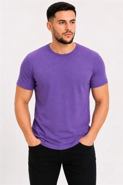 Erkek Basic Tişört Bisiklet Yaka Kısa Kol Günlük Yazlık Slim Fit T-Shirt - Mor