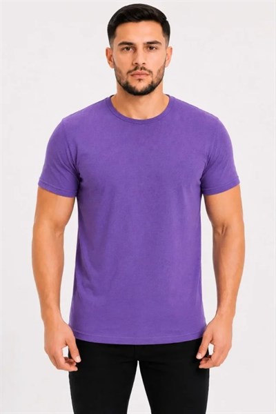 Erkek Basic Tişört Bisiklet Yaka Kısa Kol Günlük Yazlık Slim Fit T-Shirt - Mor