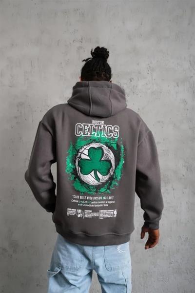 Erkek Baskılı Kapüşonlu Ve Kordon İpli Sweat - Gri