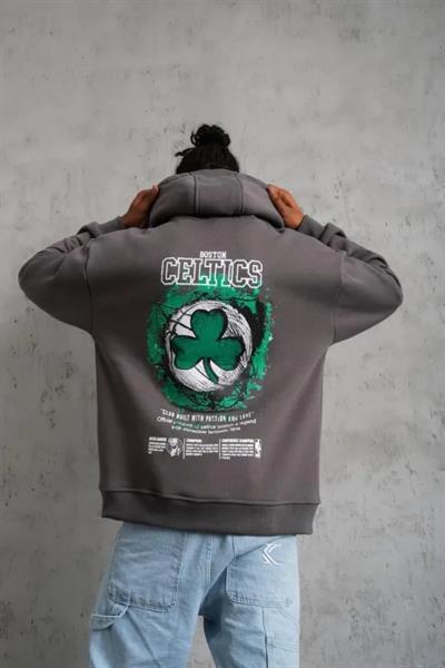 Erkek Baskılı Kapüşonlu Ve Kordon İpli Sweat - Gri