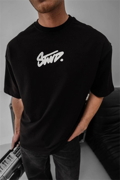 Erkek Baskılı Oversize T-shirt - Siyah