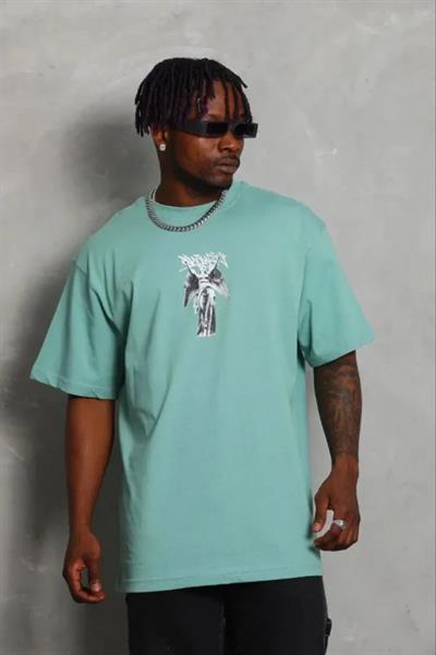 Erkek Baskılı T-Shirt Kısa Kol Bisiklet Yaka Regular Fit Rahat Kalıp Günlük Tişört - Mint Yeşili