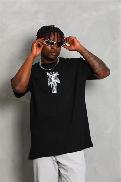 Erkek Baskılı T-Shirt Kısa Kol Bisiklet Yaka Regular Fit Rahat Kalıp Günlük Tişört - Siyah