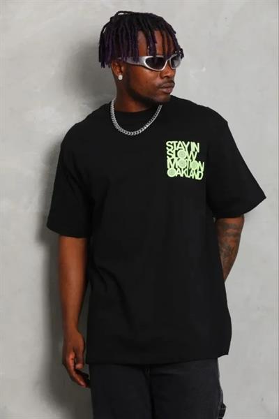 Erkek Baskılı T-Shirt Kısa Kol Bisiklet Yaka Regular Fit Rahat Kalıp Günlük Tişört - Siyah