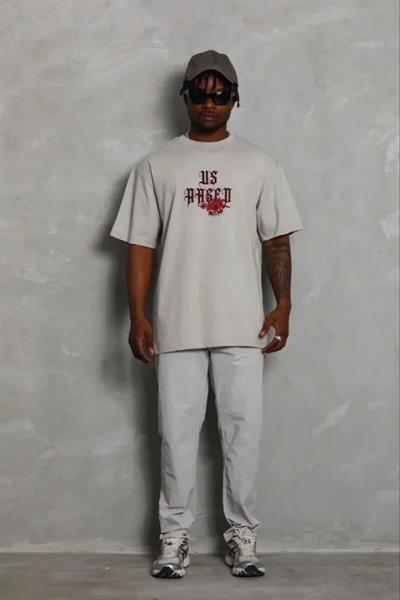 Erkek Baskılı T-Shirt Kısa Kol Bisiklet Yaka Regular Fit Rahat Kalıp Günlük Tişört - Gri